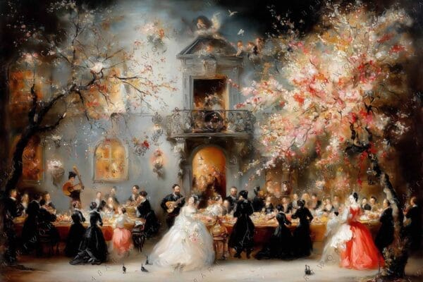 "Impressionist painting of elegant outdoor banquet under blossoming trees with guests in formal attire."