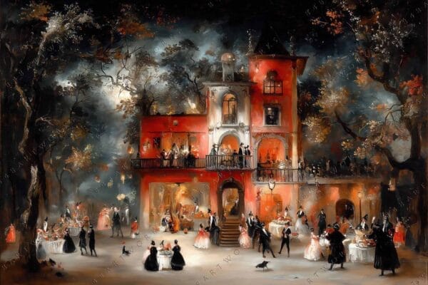 Victorian-style digital painting of an elegant evening party at a mansion.