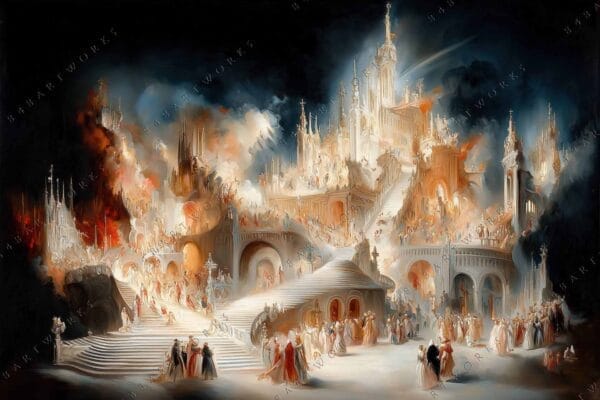 "Fantasy digital painting of a grand, illuminated castle with figures on staircases."