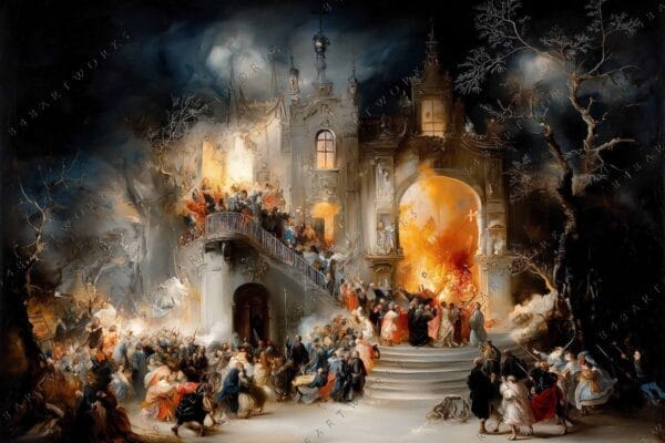 "Baroque-style painting of a crowded castle entry amid chaotic flames and dark skies."