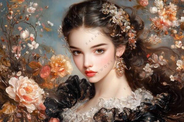 "Digital painting of a woman with floral hair accessories and a detailed floral backdrop."