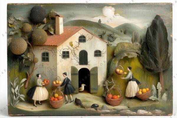 "Whimsical relief painting of women with fruit baskets by a rustic house."