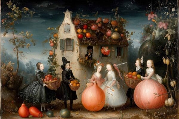 Surrealist painting of figures in historical attire gathering fruit near a whimsical house.