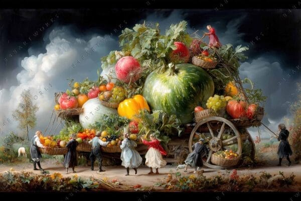 Oil painting of people hauling oversized vegetables on a cart against a stormy sky.
