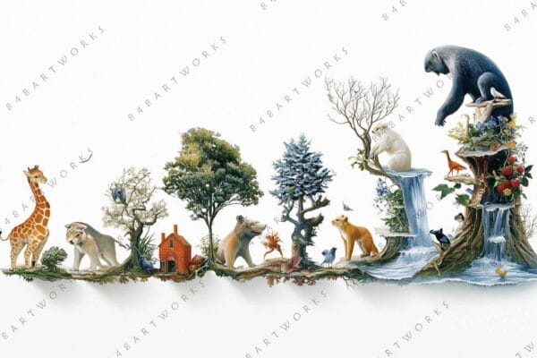 Digital art of diverse animals and trees on a white background.