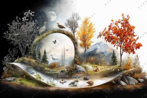 Surreal digital art of autumn forest scene with diverse wildlife and mountains.