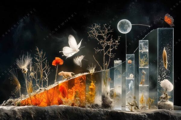 Surreal digital artwork featuring animals and plants in glass columns, dark background.