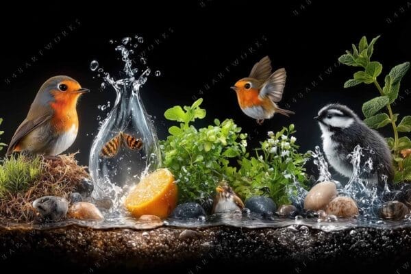 Digital art depicting birds, butterflies, and plants around a water splash on black background.