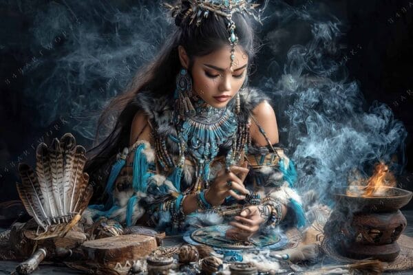 "Digital artwork of a woman in tribal attire surrounded by smoke and feathers."