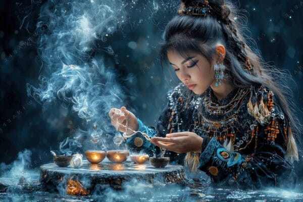 "Fantasy digital art of a woman with incense, dressed in detailed, ornate attire."