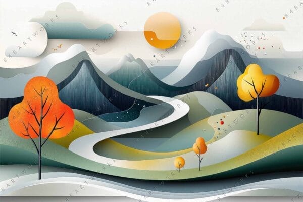"Colorful digital landscape with abstract mountains, trees, and a sun, in autumn hues."