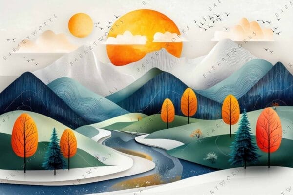 "Colorful digital illustration of a mountain landscape with orange sun and trees."