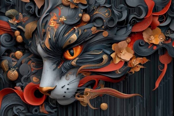 "Complex digital art of a stylized cat face with swirling orange and gray patterns."