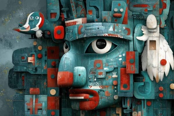 "Digital painting of a stylized face in teal, red, and white with geometric patterns."