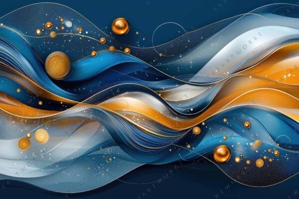 "Abstract digital art with flowing blue and orange waves, featuring metallic spheres."