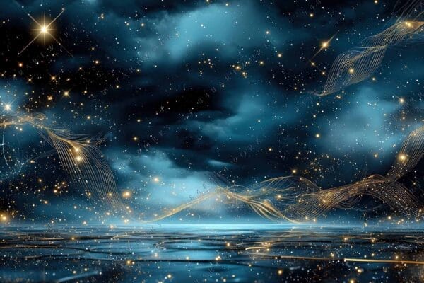 "Digital art of a starry night sky with swirling golden lines and blue clouds."