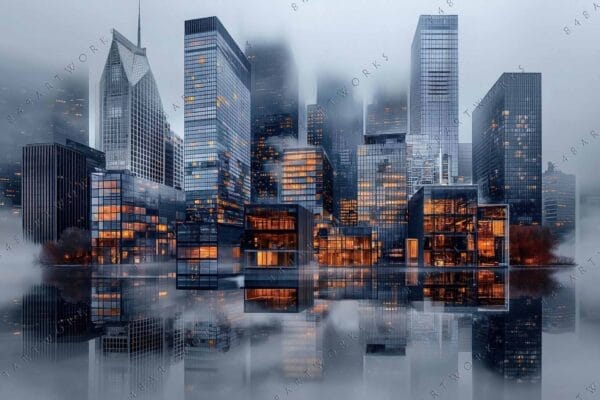 Futuristic digital art of a foggy cityscape with illuminated skyscrapers reflecting on water.
