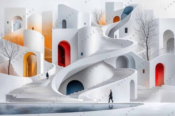 Surreal digital art of abstract architecture with curved staircases and vibrant arches.