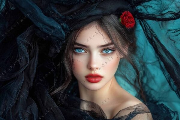 "Digital portrait of a woman with blue eyes, red lips, and dark veil."