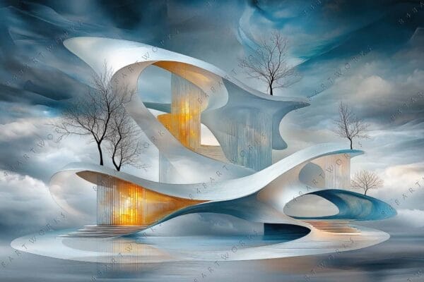 Futuristic architectural digital painting with curved structures and barren trees in cool tones.