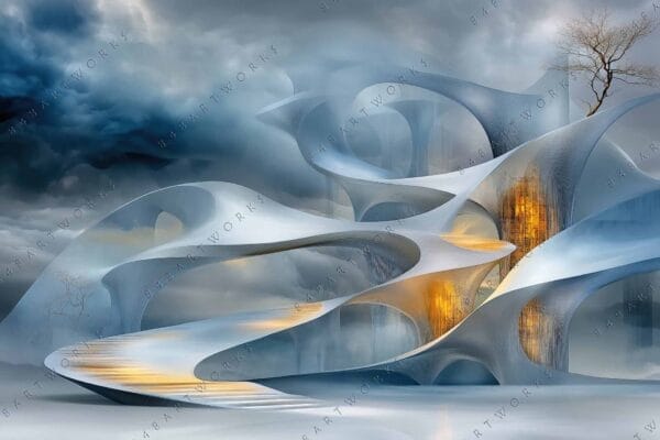 Futuristic digital artwork of abstract architecture in blue-gray tones with warm amber accents.