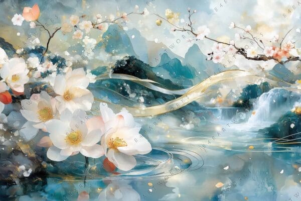 Digital painting of cherry blossoms over a serene landscape with waterfalls and mountains.