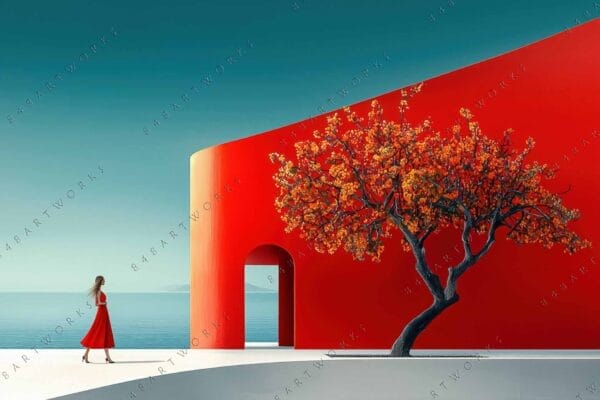 Minimalist digital artwork of a lone figure, red wall, and tree with orange leaves.