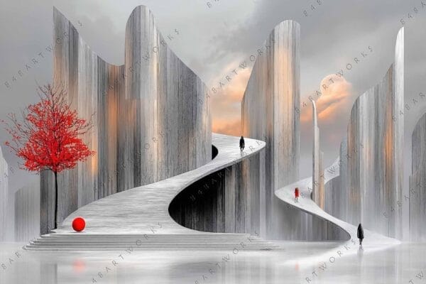 Surreal digital painting of curving pathways and red tree against silver-gray backdrop.