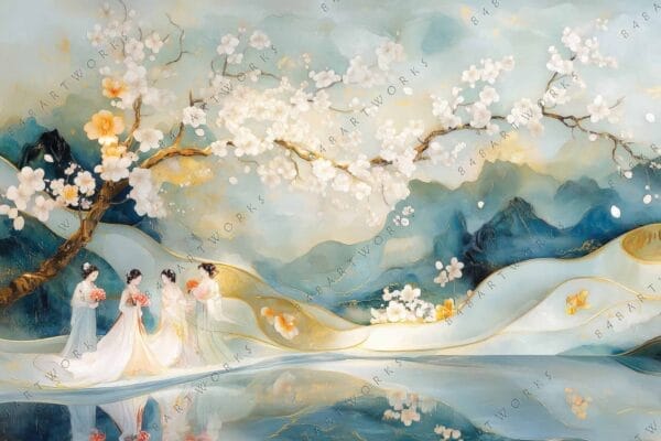 "Digital painting of women under cherry blossom tree with pastel blue and gold tones."