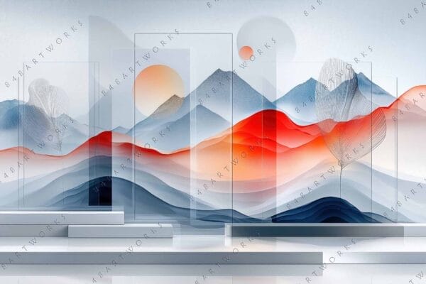 "Modern abstract digital art of layered mountains in red, blue, and gray hues."