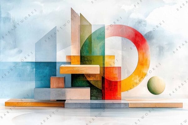 Abstract digital art with geometric shapes in red, orange, blue, and green hues.
