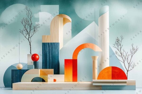 Abstract digital art with geometric shapes, muted blue background, and orange accents.