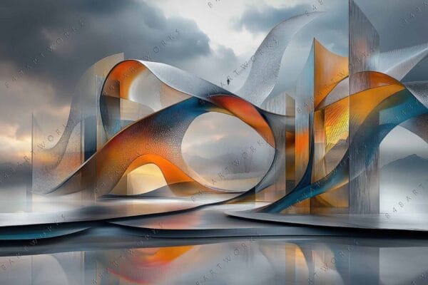 "Surreal digital artwork of flowing orange and blue structures against a cloudy sky."