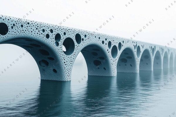 "Digital artwork of a futuristic perforated bridge over calm water in misty atmosphere."