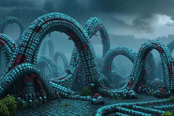 "Futuristic digital art of twisted blue structures with glowing red accents under rain."