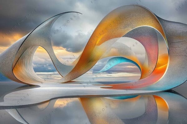 "Surreal digital artwork featuring twisting metallic ribbons against a cloudy sky."