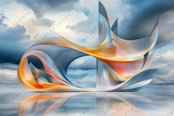 Futuristic digital artwork of abstract sculpture with orange and blue swirls against a cloudy sky.