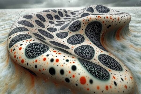 Abstract digital art of a flowing surface with black and orange polka dots.
