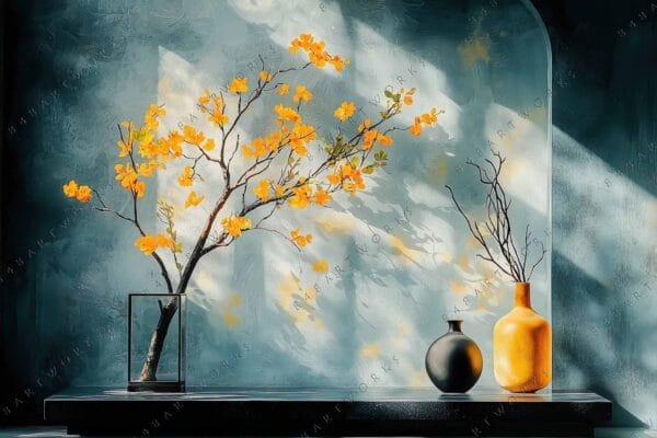 "Digital painting of vases with yellow flowers against a textured blue and gray background."