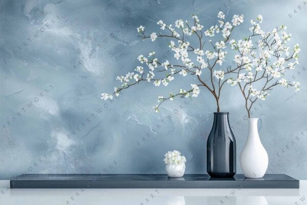 "Modern digital artwork of vases with white blossoms on a textured blue background."