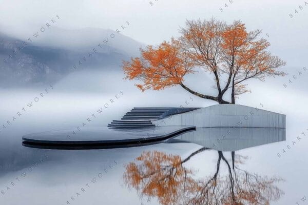 Surreal digital artwork of a floating island with orange trees in misty surroundings.