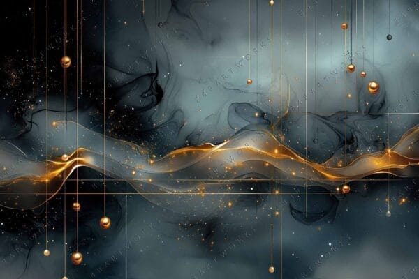 "Abstract digital art with gold lines and spheres on dark, swirling background."