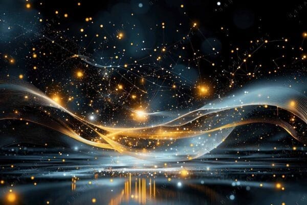 "Abstract digital artwork with swirling blue and orange lights resembling starry night sky."