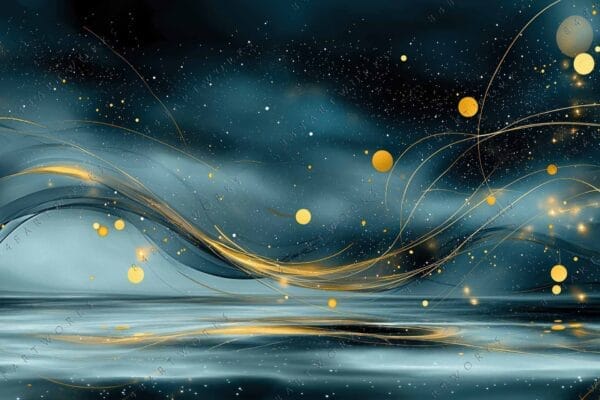Abstract digital artwork with swirling gold lines and orbs on a dark teal background.