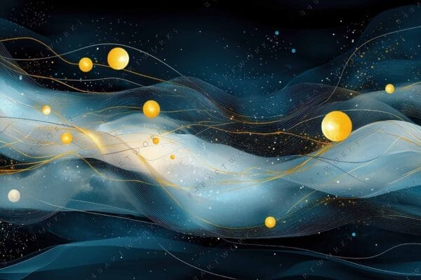 "Abstract digital art with golden spheres and wavy lines on a blue background."