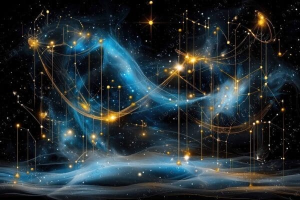 "Digital artwork of a starry cosmic scene with blue nebulae and golden constellations."