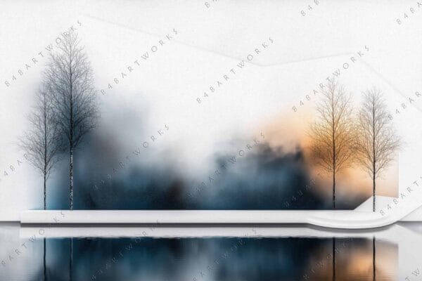 "Minimalist digital art of bare trees and mist, reflecting in calm water."