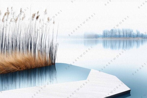 Minimalist digital art of a serene lakeside scene with reeds and misty background.