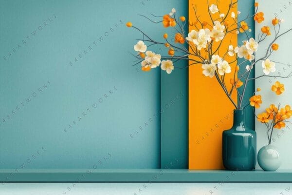 "Contemporary digital art of orange and white flowers in teal vases against geometric backdrop."