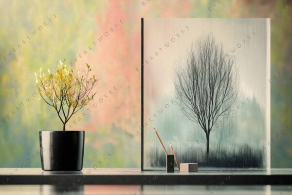 "Digital painting of potted plant and framed tree silhouette on blurred pastel background."